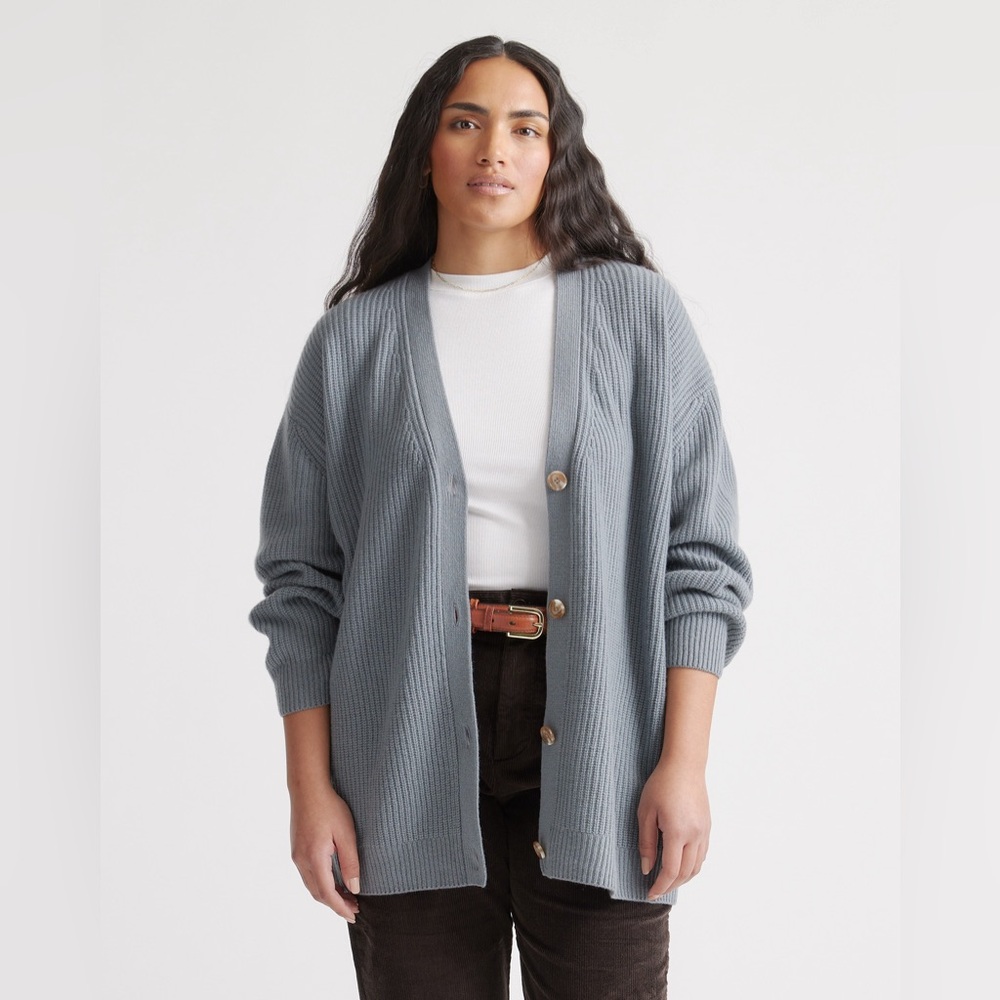 Quince Mongolian Cashmere Oversized Boyfriend Cardigan Dusty Blue, Size Medium M